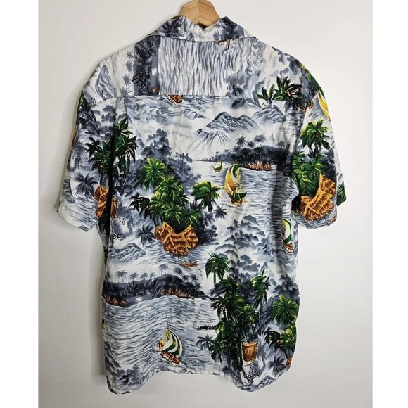 Vtg Roundy Bay Hawaiian Men Shirt L Blue Short Sleeve Button Up Palm Trees Surf - Picture 2 of 5